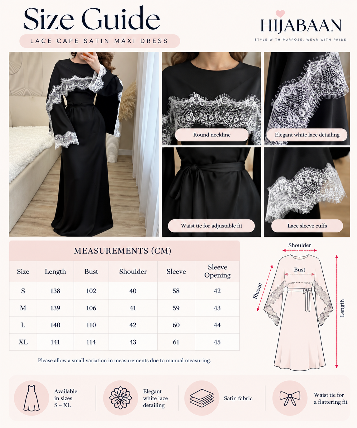 Black Lace Cape Satin Maxi Dress