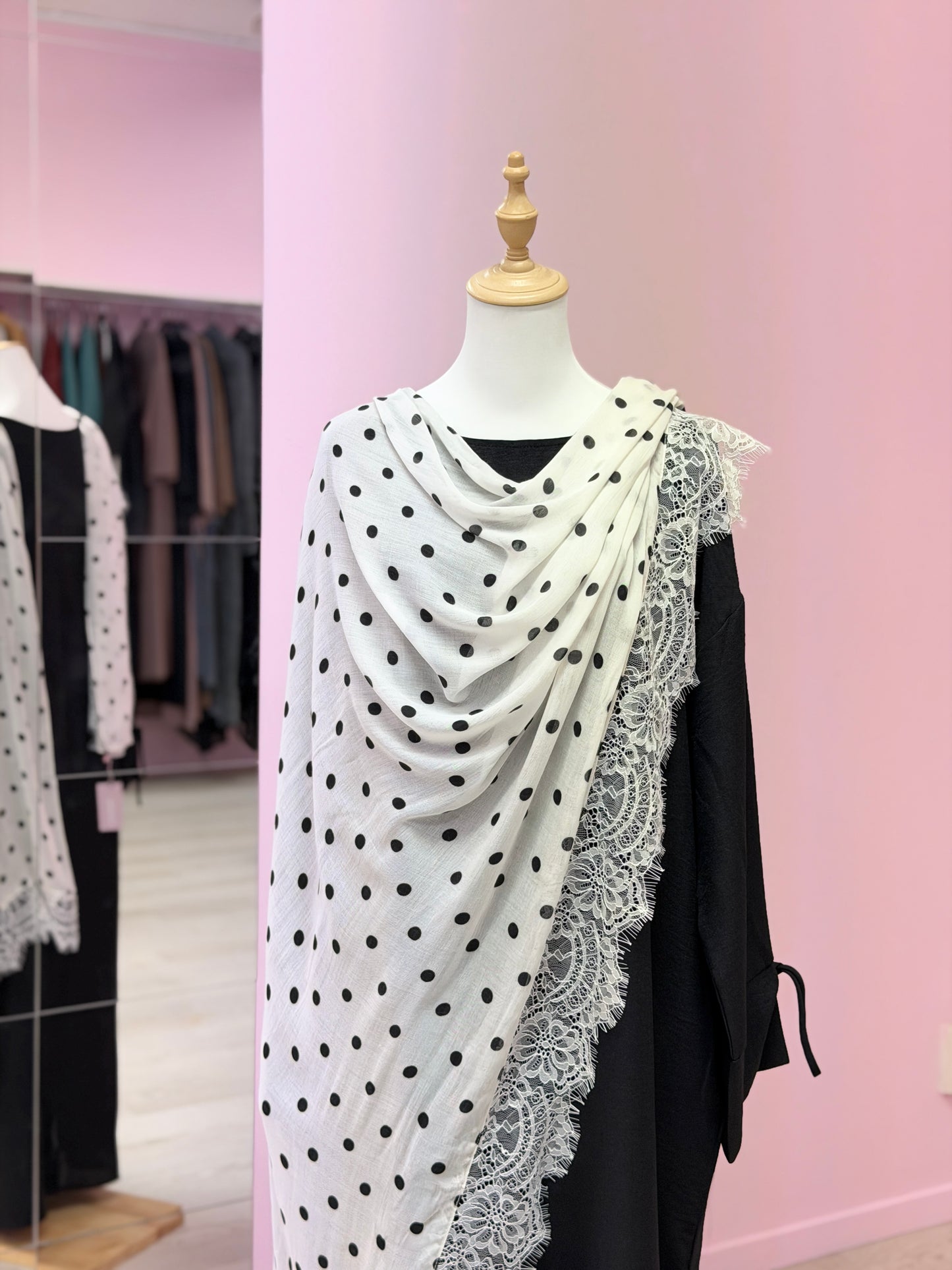 PRINTED LACE HIJAB - WHITE POLKA DOT