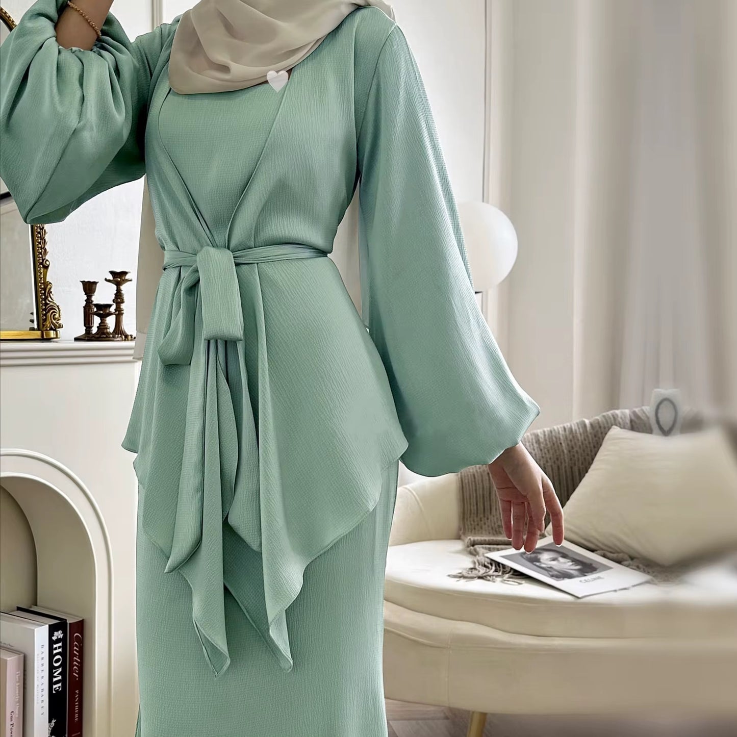 Modest satin two-piece dress set with tie waist
