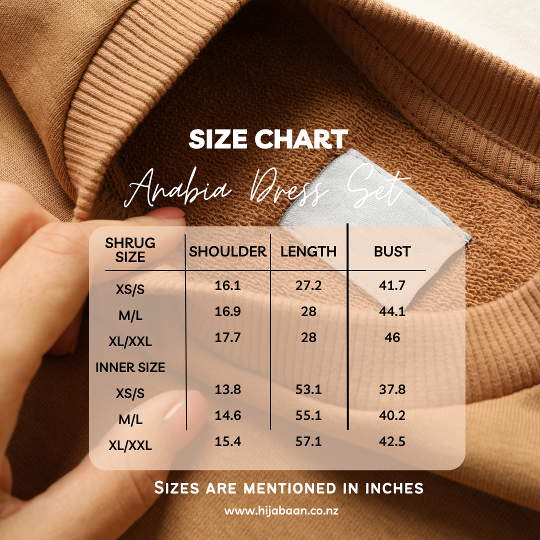 Size chart for Anabia Dress Set from Hijabaan NZ