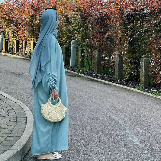 seafoam green arwa abaya with modest knotted sleeves hijabaan new zealand