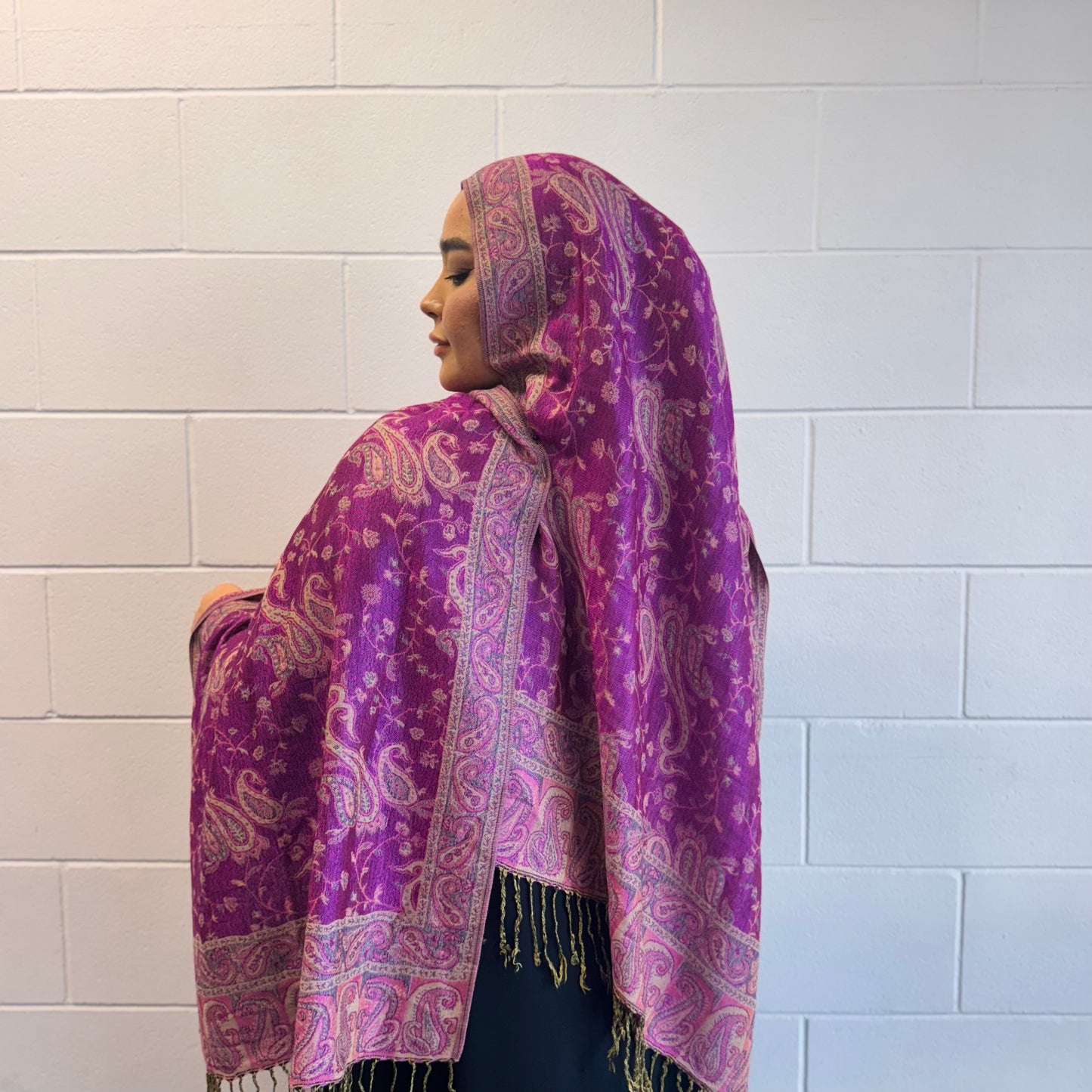 Bright pink pashmina wrap for layering and prayer – Hijabaan