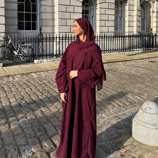 cherry red corduroy abaya for modest winter wear hijabaan new zealand