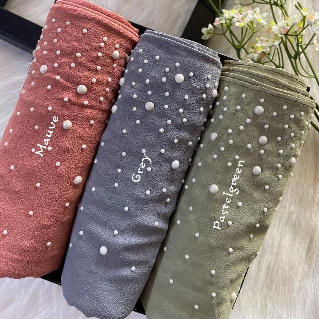 Close-up of pearl embellishments on premium georgette hijab