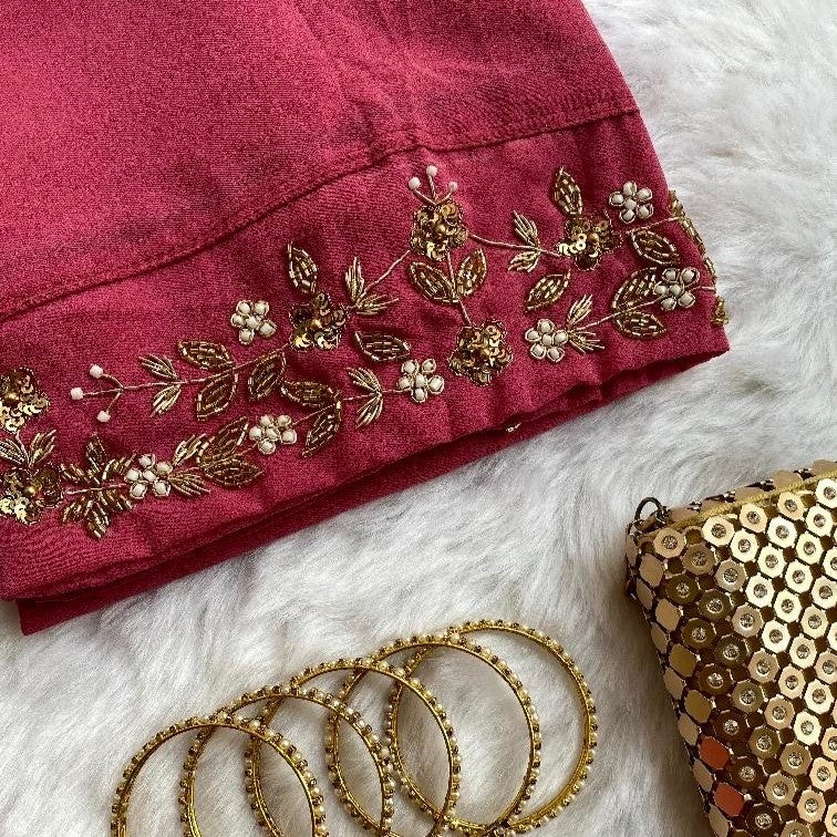Close-up of traditional zardozi embroidery on chiffon hijab
