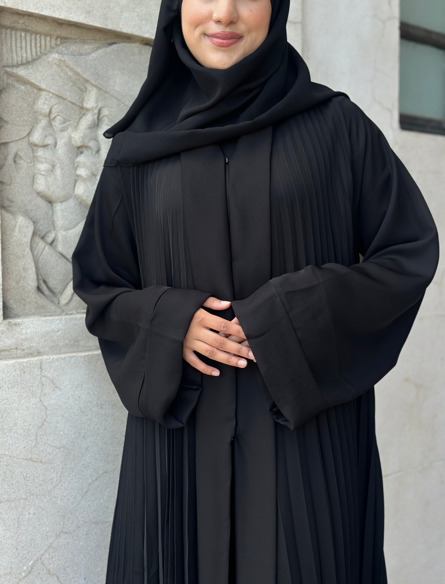 Elegant pleated black abaya Imaan with matching hijab – modest wear NZ