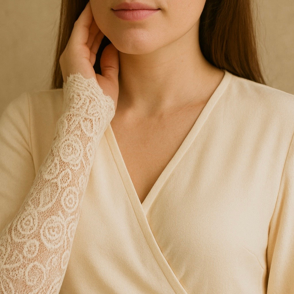 Beige lace extender adding soft elegance to outfit