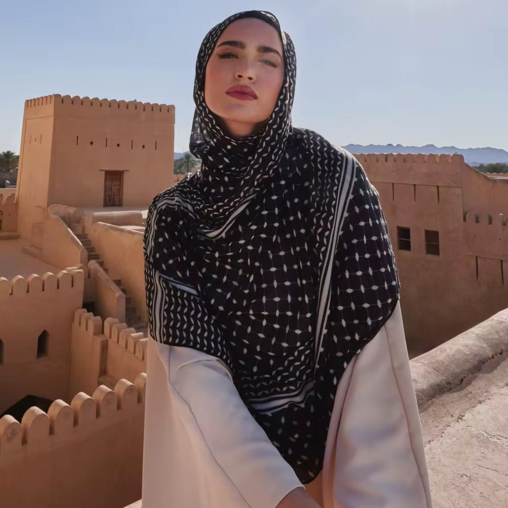 Hijabaan black and white keffiyeh hijab for modest styling