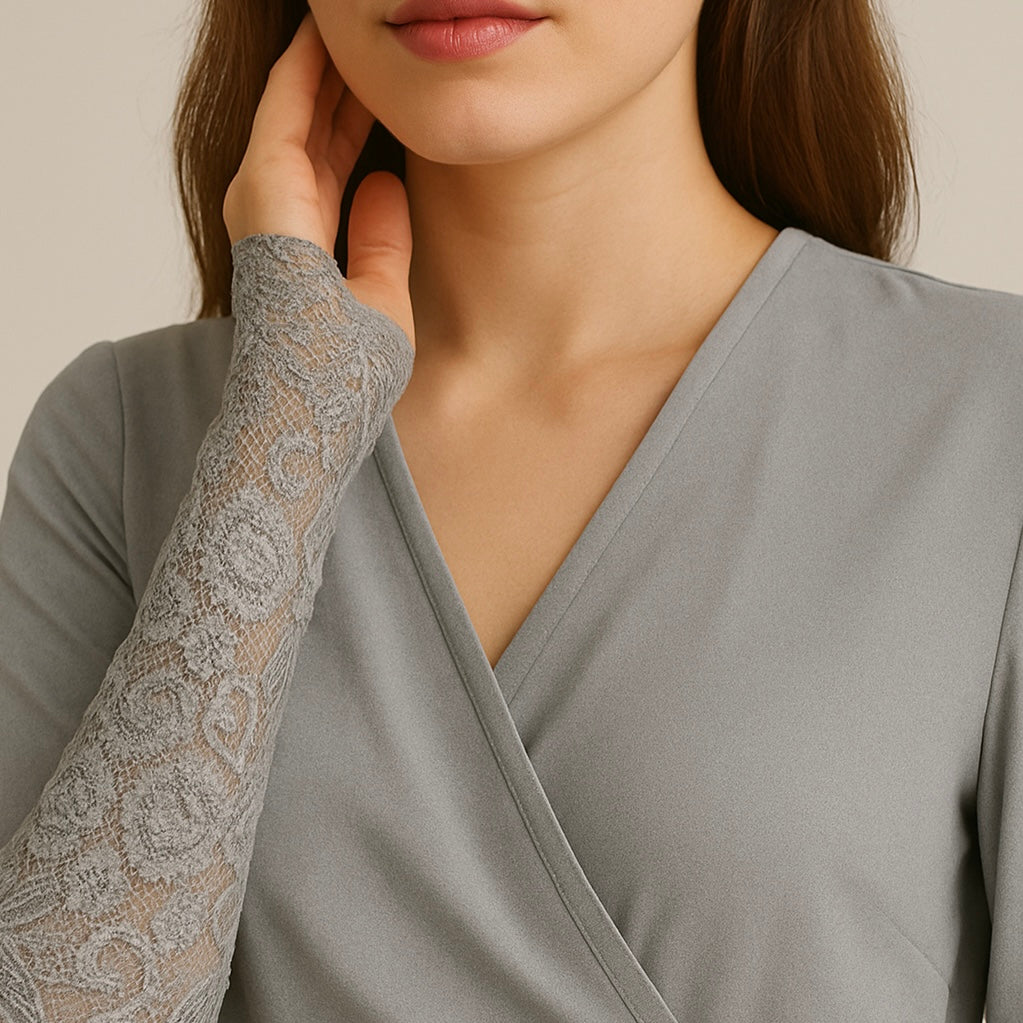 Grey lace sleeve extender shown with neutral hijab