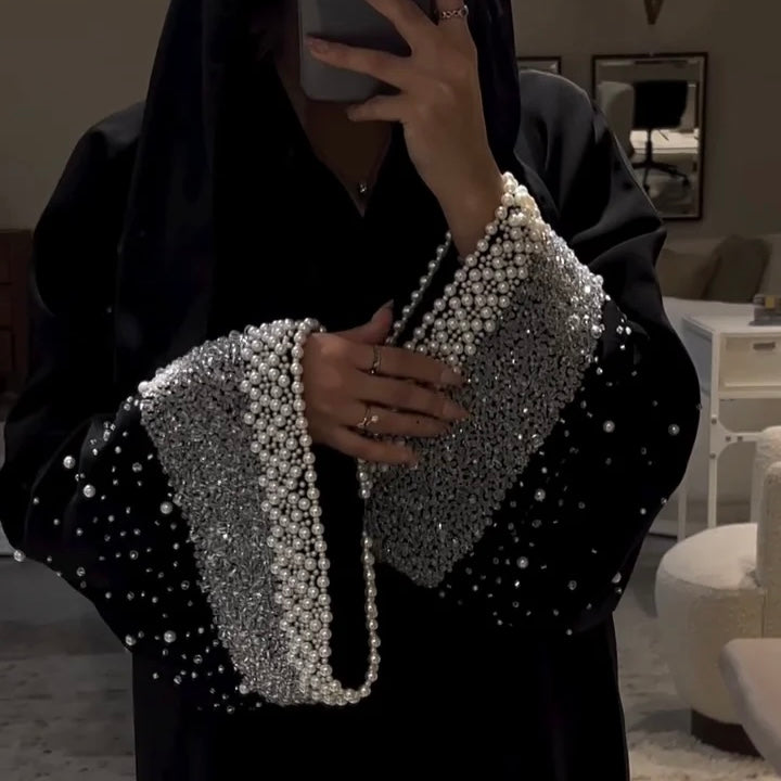 luxury black pearl embellished abaya available at hijabaan nz
