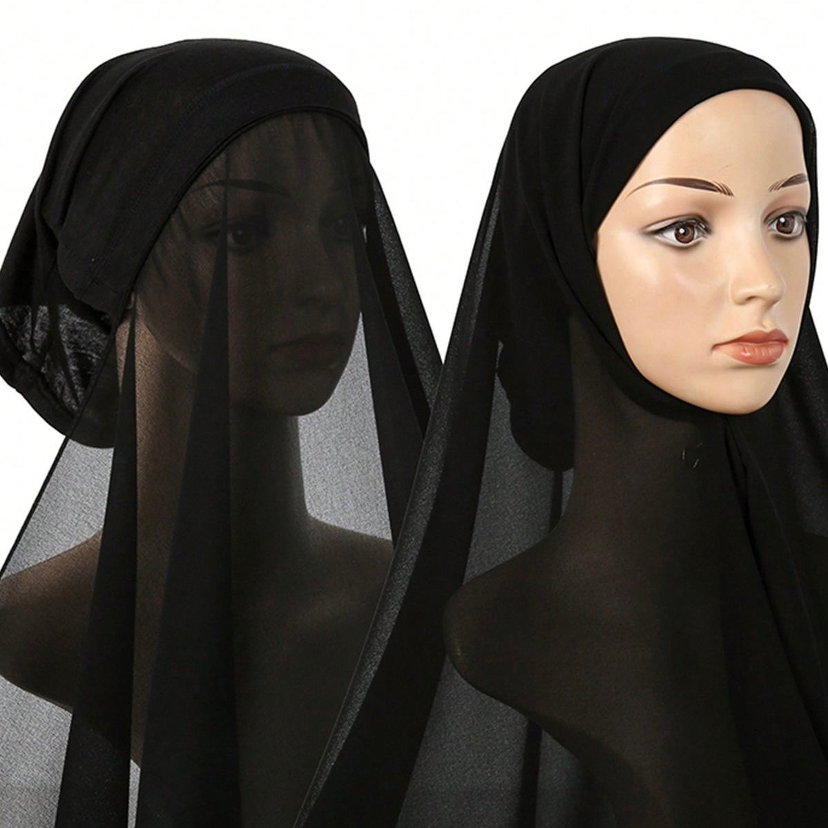 Black instant chiffon hijab with built-in cap – modest and lightweight