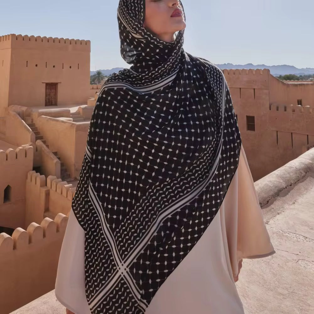 Close-up of keffiyeh pattern on soft modal fabric – Hijabaan