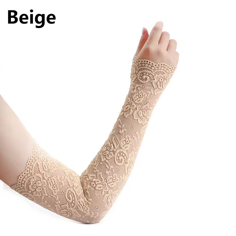 Beige lace sleeve styled for modest fashion