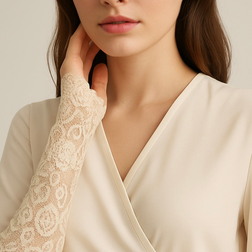 Lace sleeve extender in beige from Hijabaan for modest arm coverage
