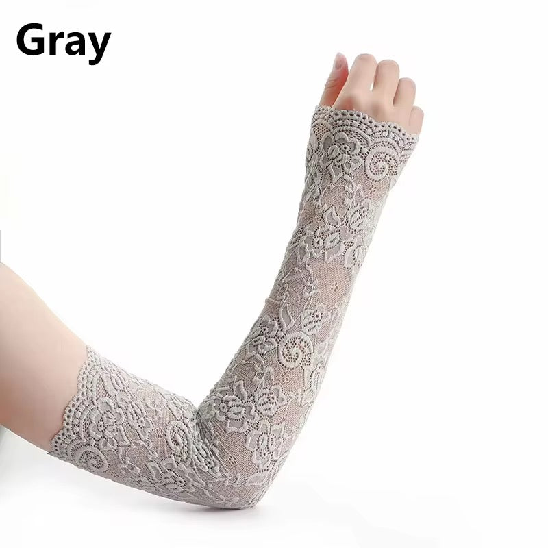 Grey lace arm extender with intricate floral pattern