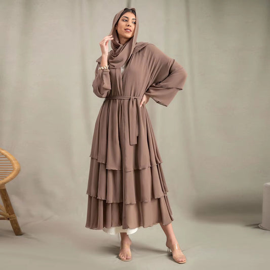 Brown layered chiffon abaya with belt styled modestly – Hijabaan NZ