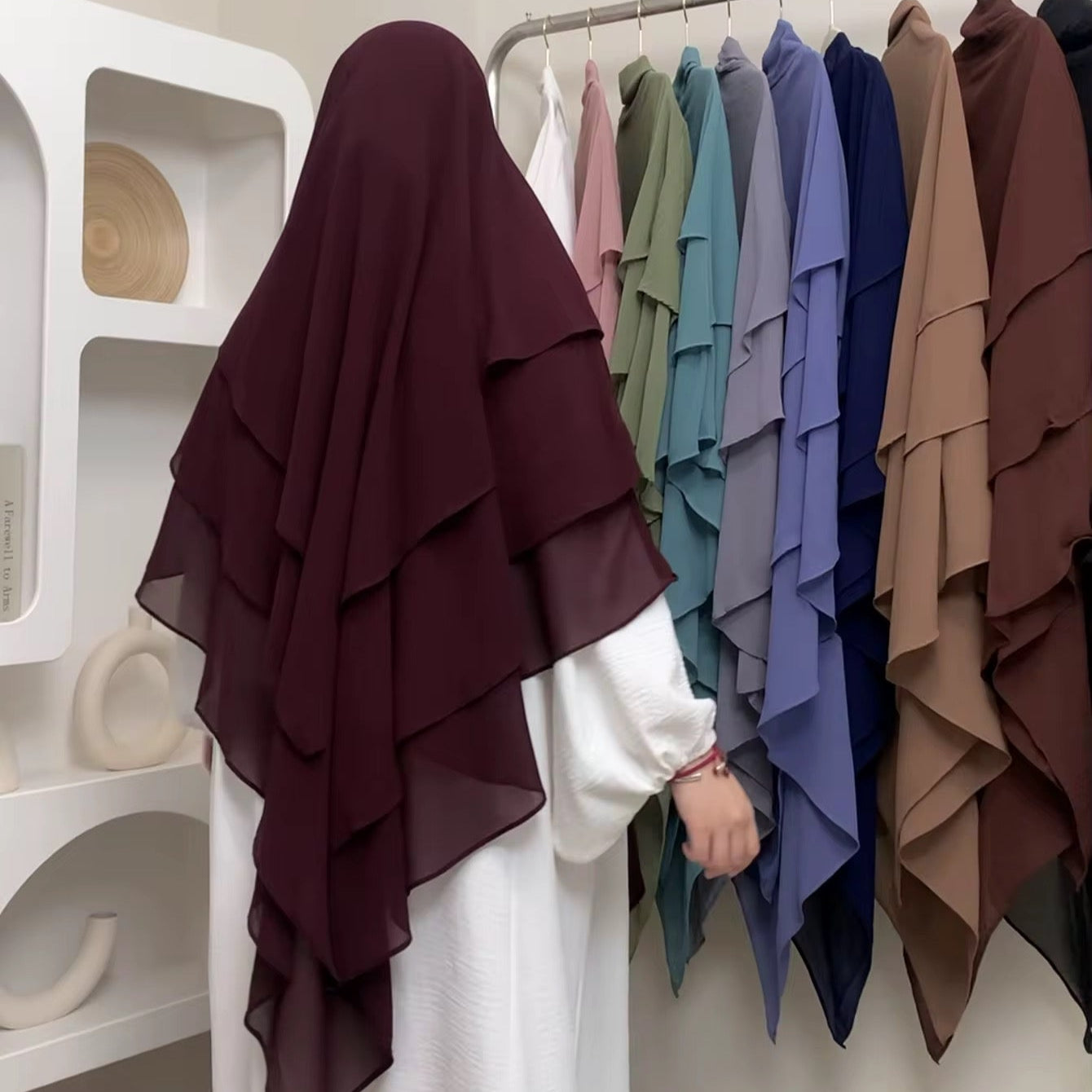 Grape layered khimar with three-tier coverage – georgette hijab for prayer, niqab, or modest daily wear
