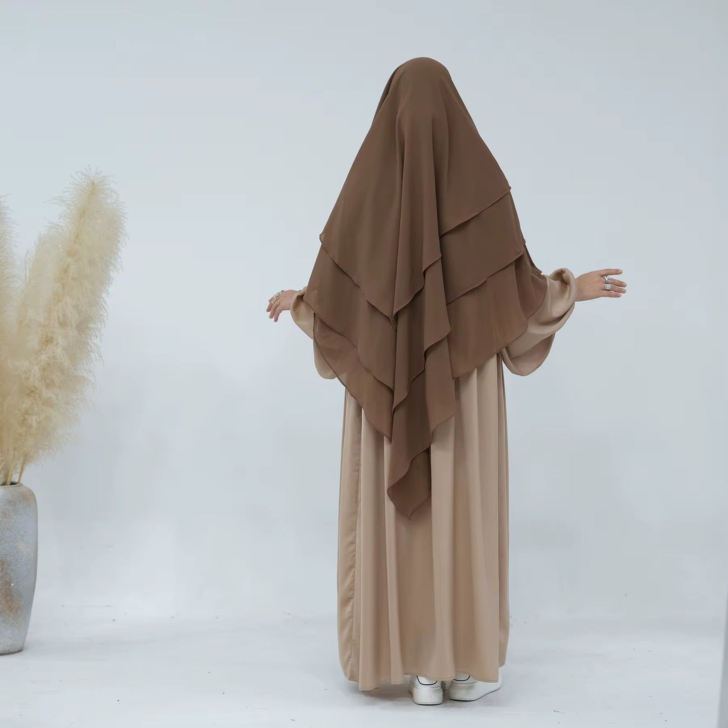 Nude layered khimar with full back coverage – 3-tier design for modest wear