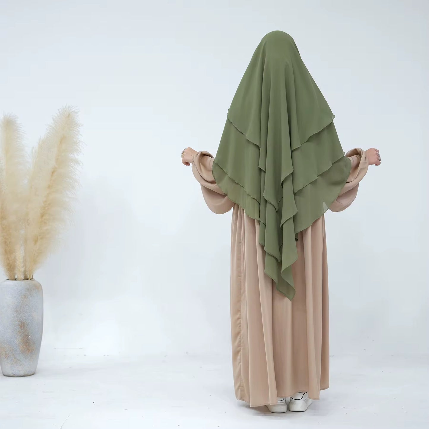 Sage green layered khimar with 3-layer modest coverage – ideal for prayer and everyday wear in New Zealand