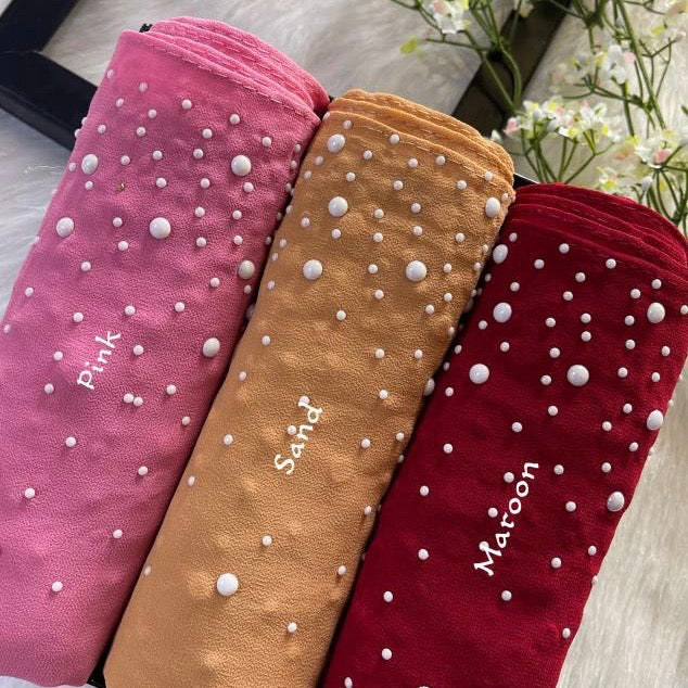 Flowy pearl-trimmed hijab for weddings, gifts, or parties