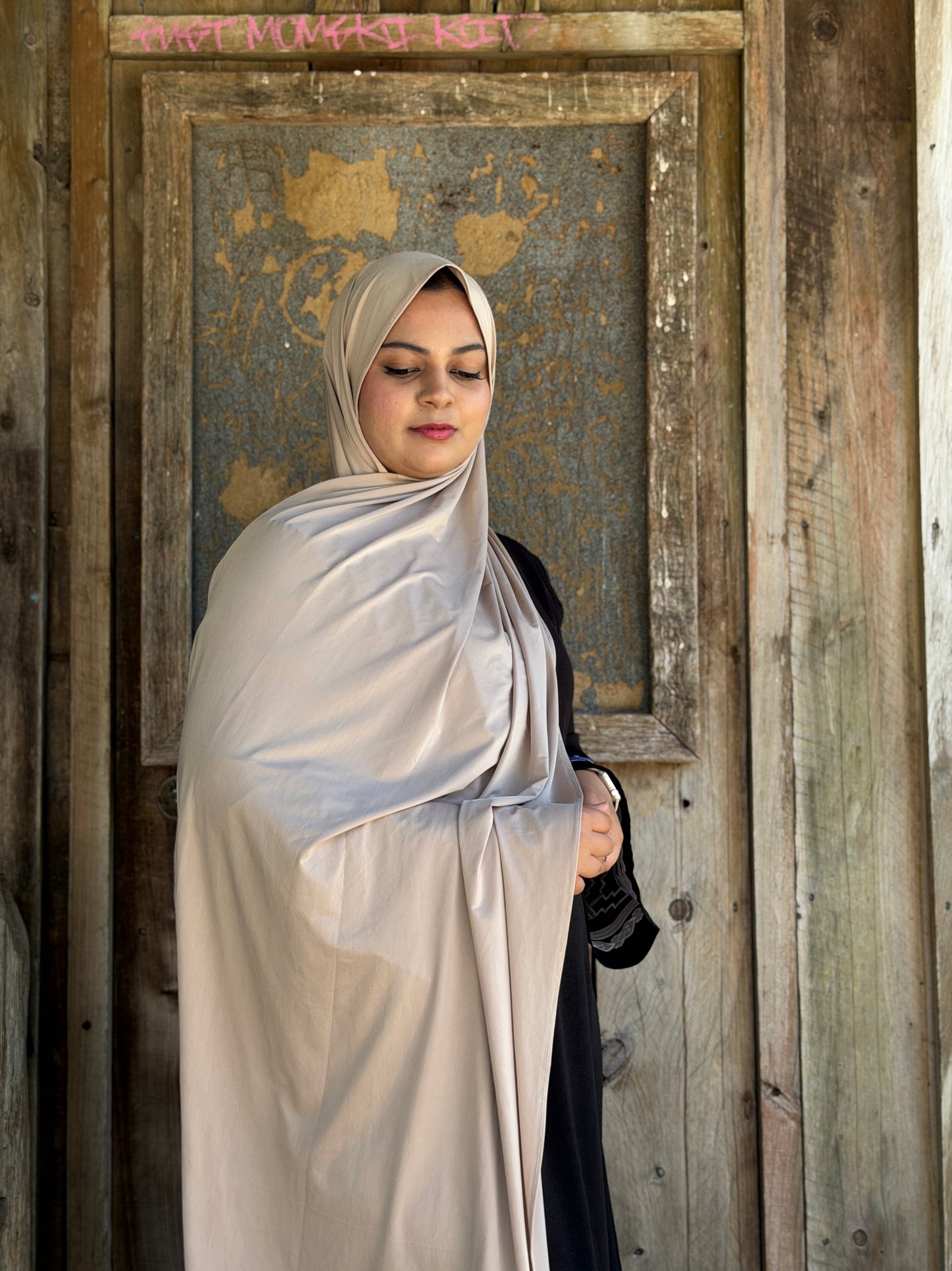 Liquid jersey hijab in sand shade, stretchy wrinkle-free fabric ideal for summer modest wear
