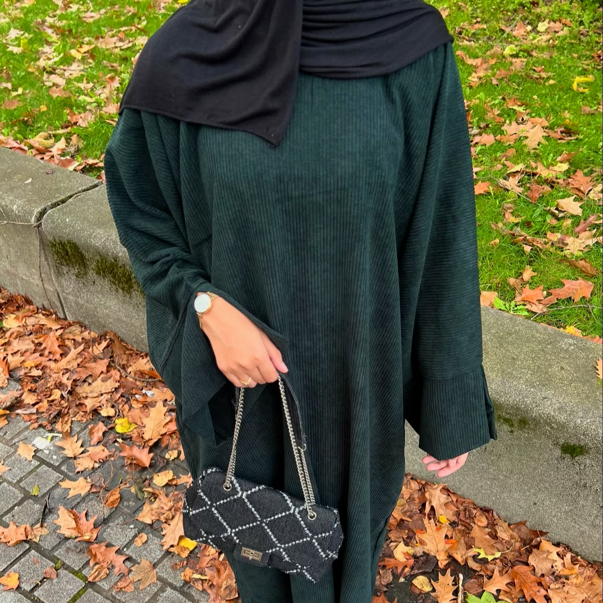 full-length modest emerald abaya in soft corduroy fabric hijabaan