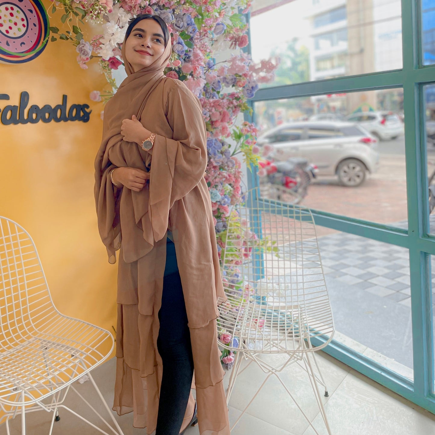 Side view of elegant layered abaya with hijab – Hijabaan NZ