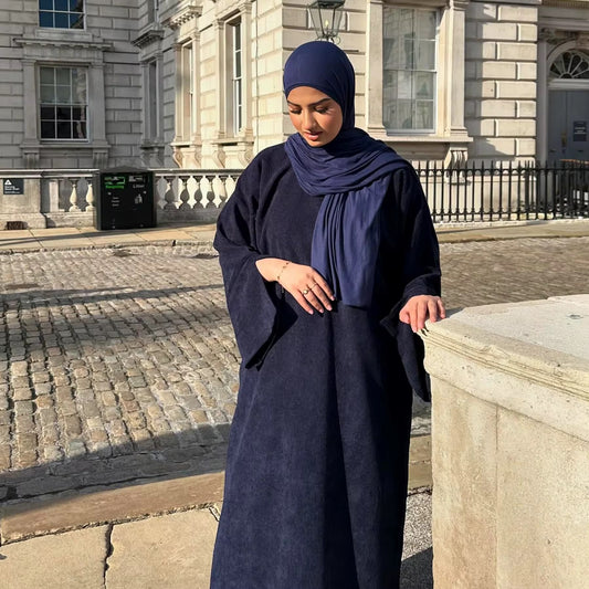 navy corduroy abaya perfect for modest winter layering hijabaan new zealand