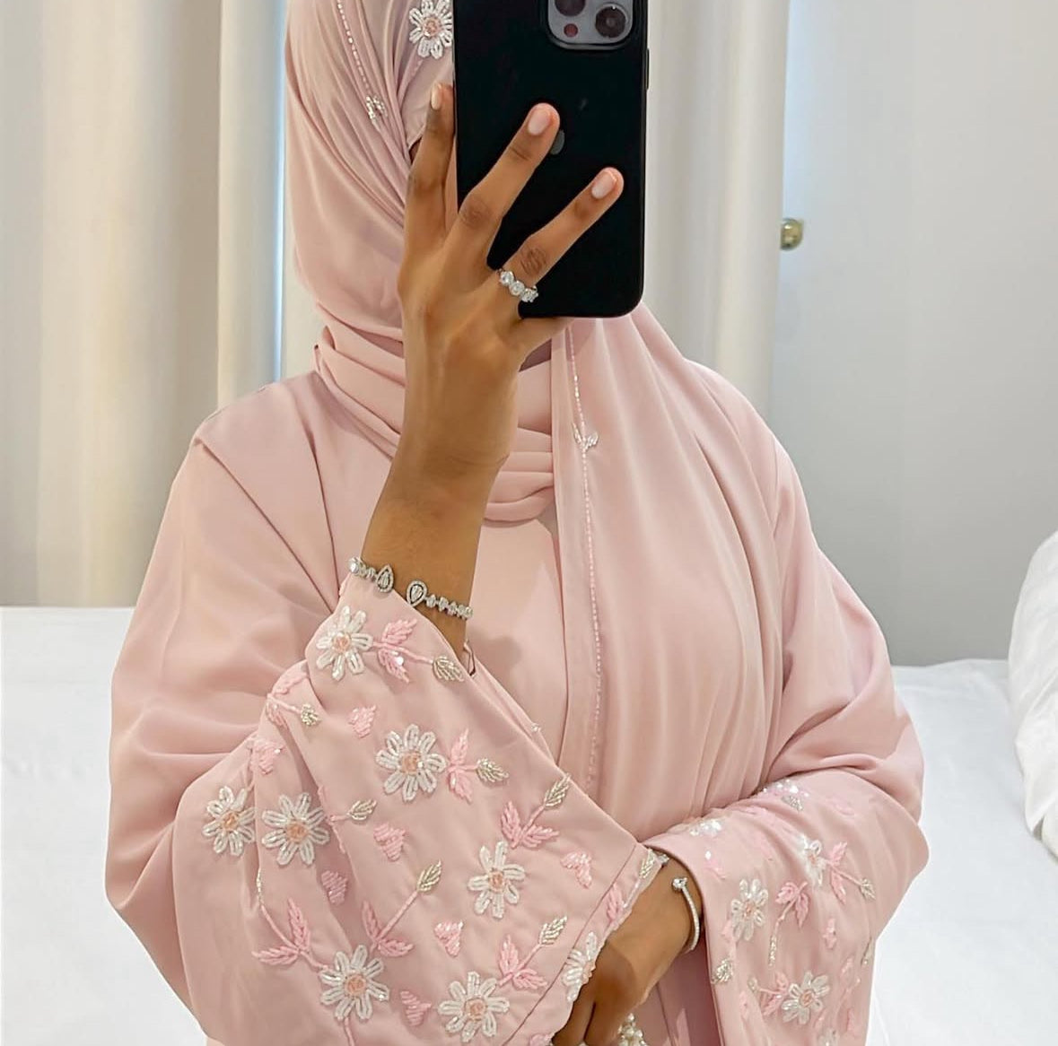 Noor Abaya in Korean Prada fabric with front-open buttons