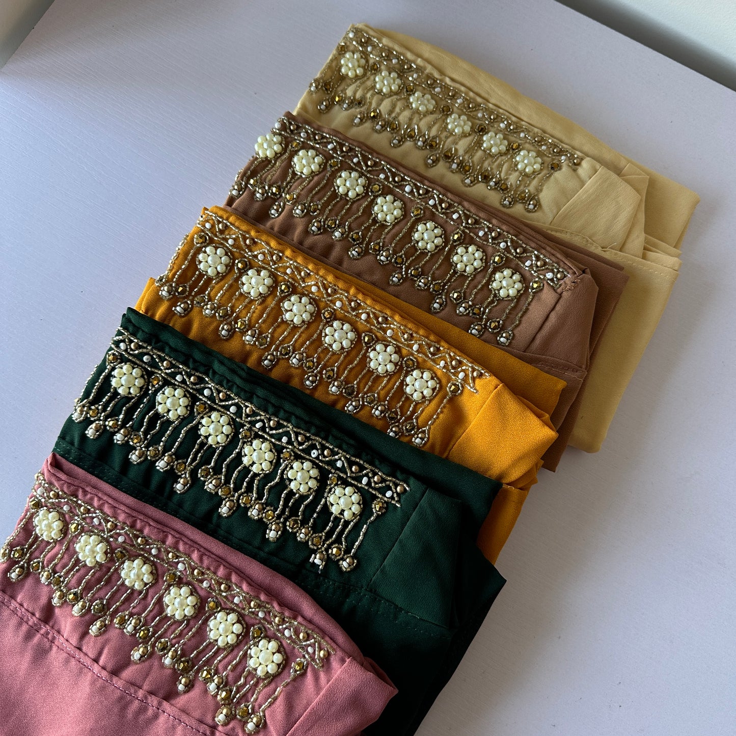Close-up of pearl handwork on Pearl Lux Hijab – Hijabaan NZ