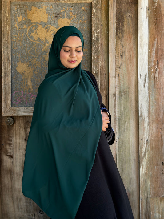 Luxury bottle green chiffon hijab with ultra-soft fabric and refined shine for modest wear