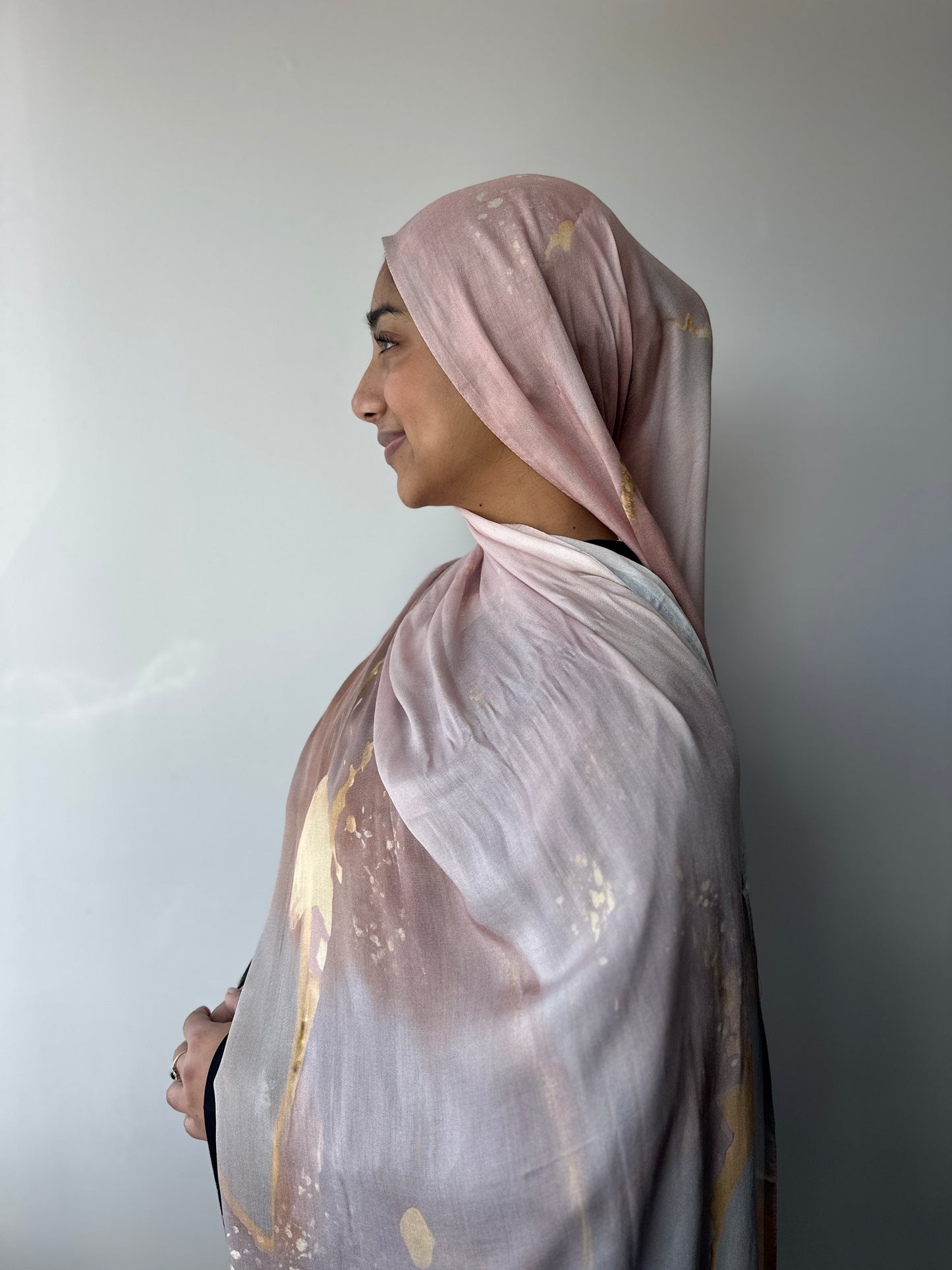 Blush printed modal hijab – styling view showing elegant drape, Hijabaan Auckland