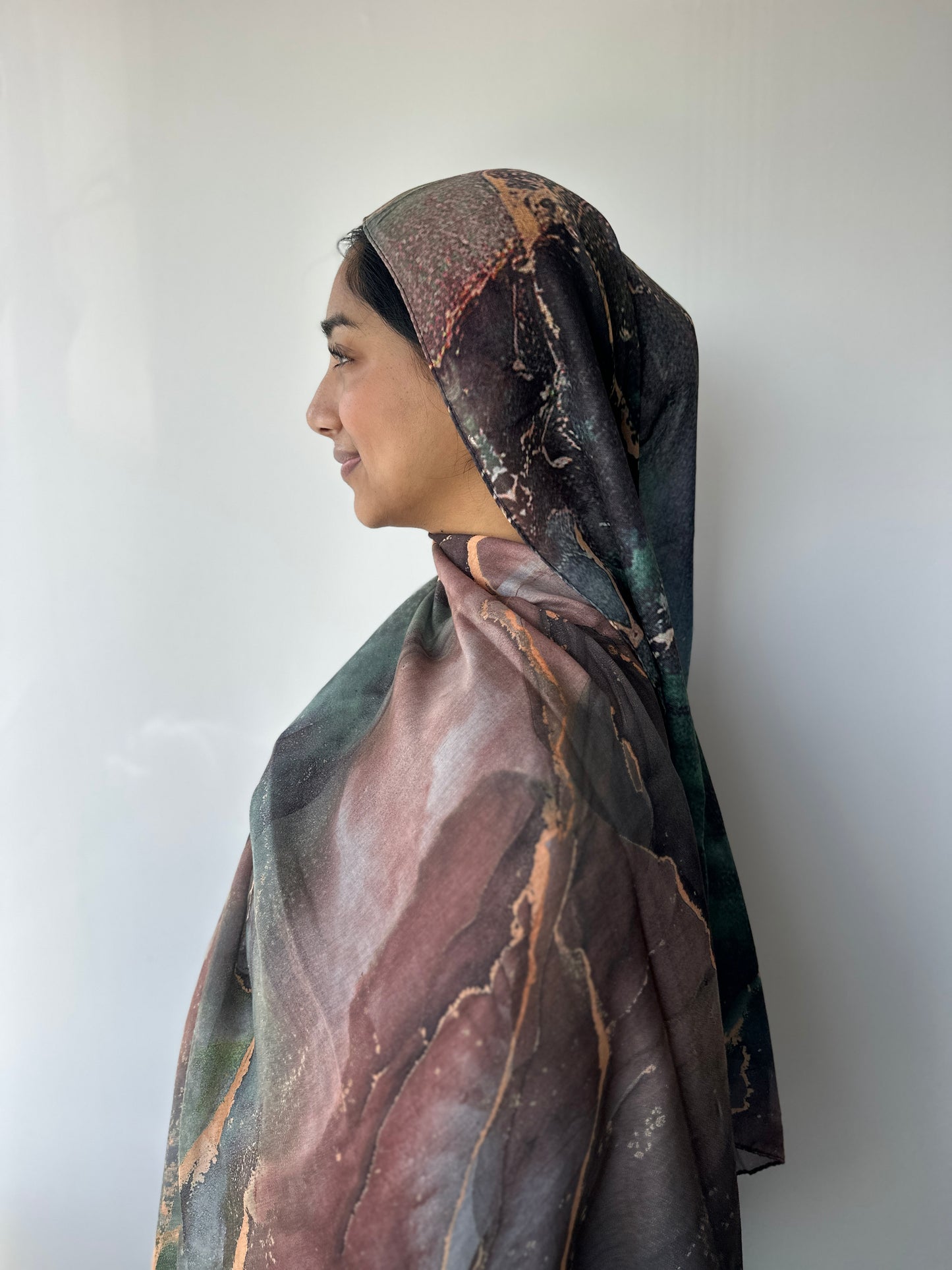 Ember printed modal hijab – closeup view of rich warm tones, Hijabaan NZ