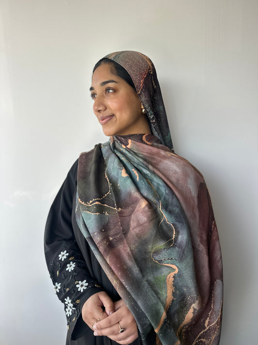 Ember printed modal hijab – styling view showing elegant drape, Hijabaan Auckland