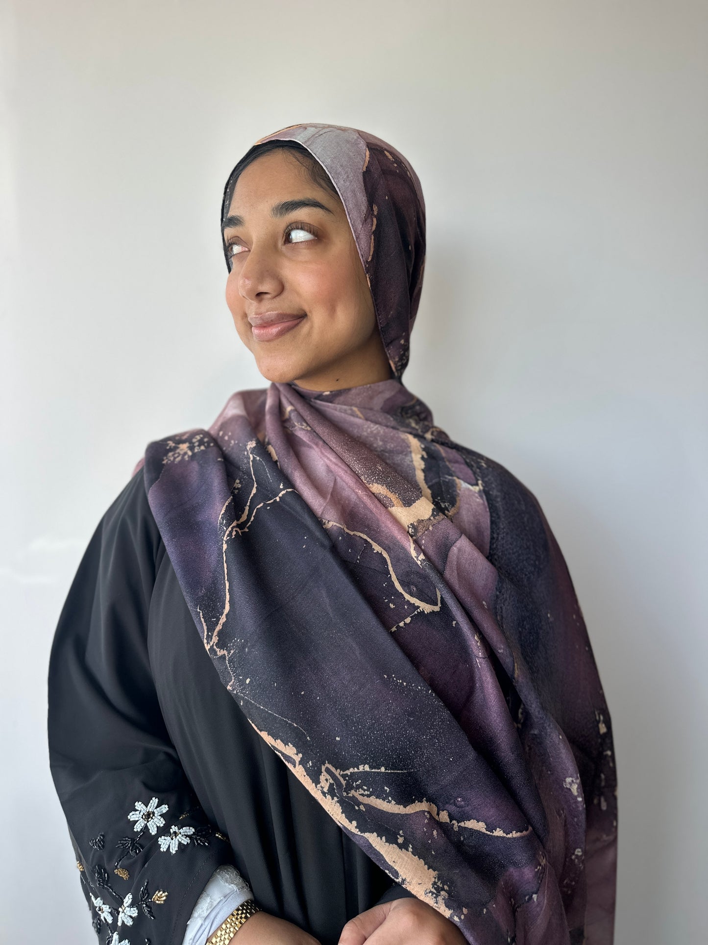 Galaxy printed modal hijab – styling view showing elegant drape, Hijabaan Auckland
