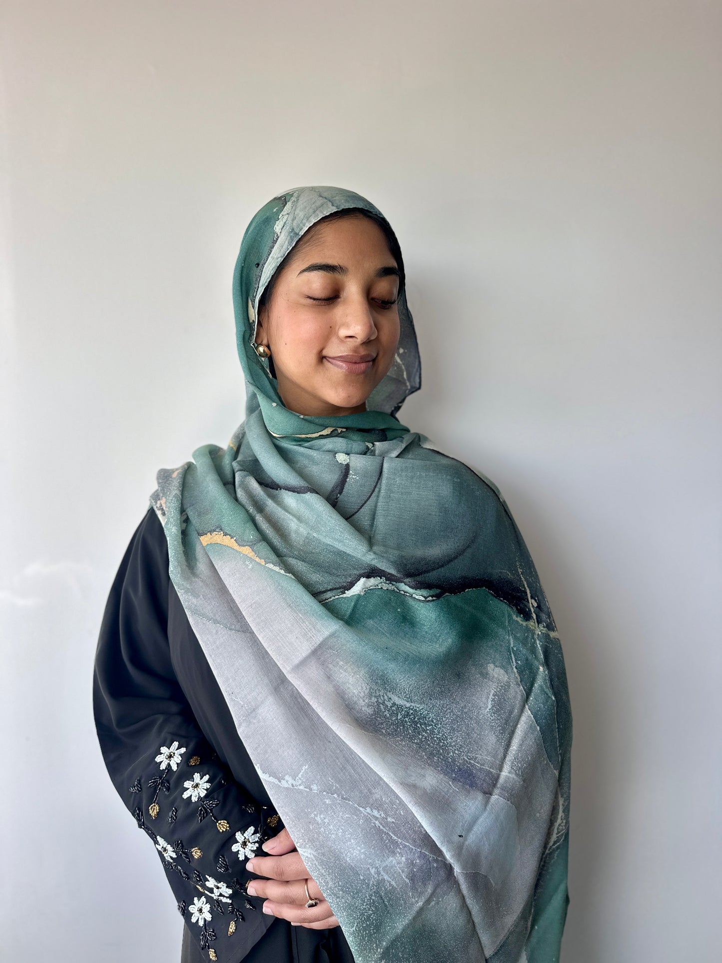 Mist printed modal hijab – styling view showing elegant drape, Hijabaan Auckland