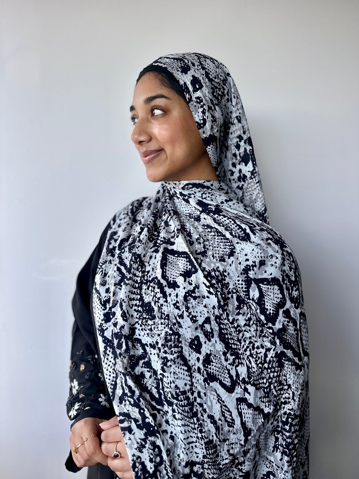 Onyx printed modal hijab – styling view showing elegant drape, Hijabaan Auckland