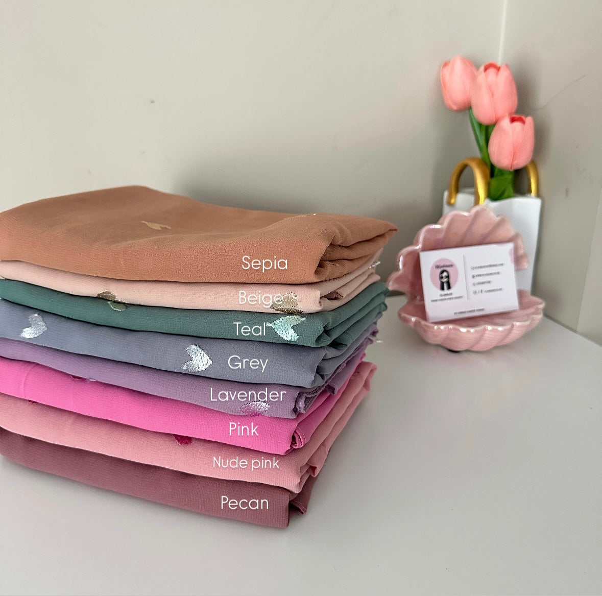 Folded chiffon hijab with embroidered hearts – perfect for gifting