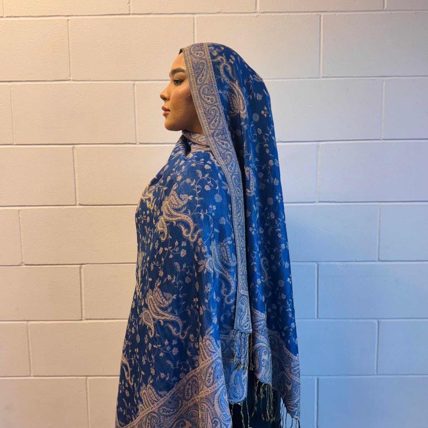 Royal blue pashmina shawl folded for elegant modest styling – Hijabaan NZ