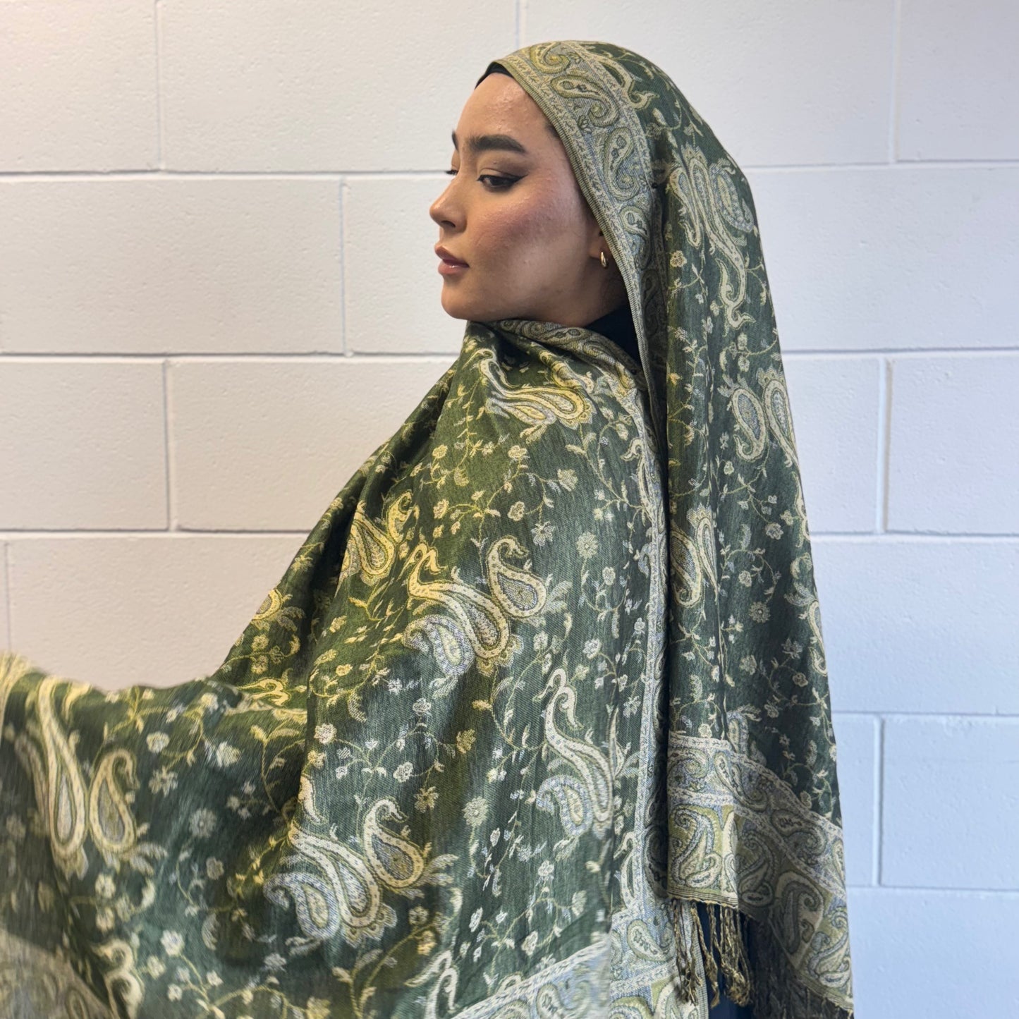 Soft earthy green shawl for prayer and layering – Hijabaan
