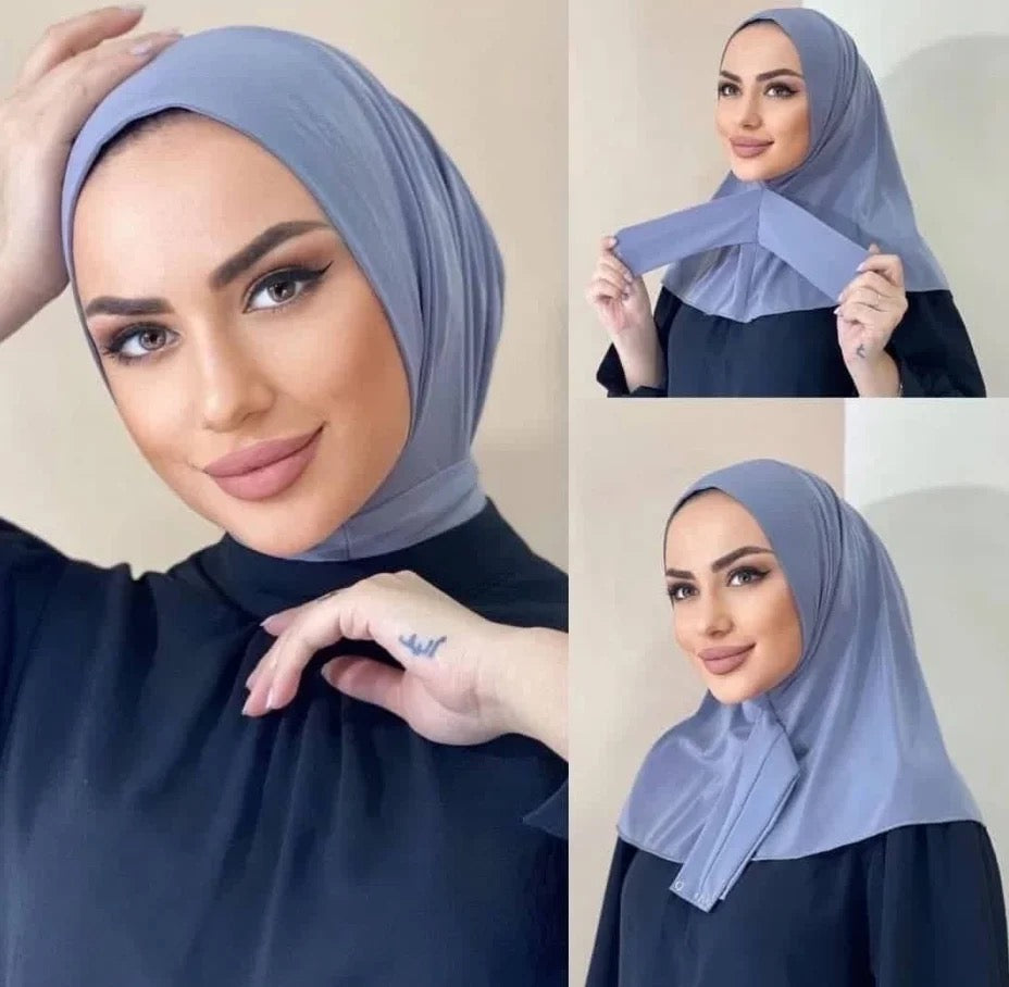 Soft lavender instant hijab with stretch comfort and secure lock flap