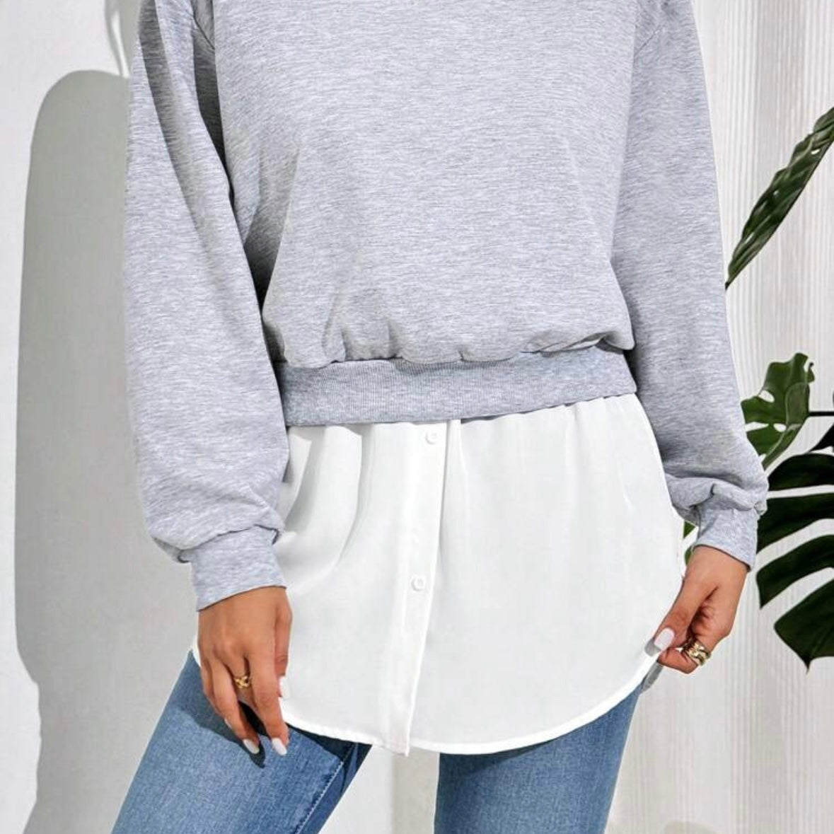 White button-down shirt extender styled under short top