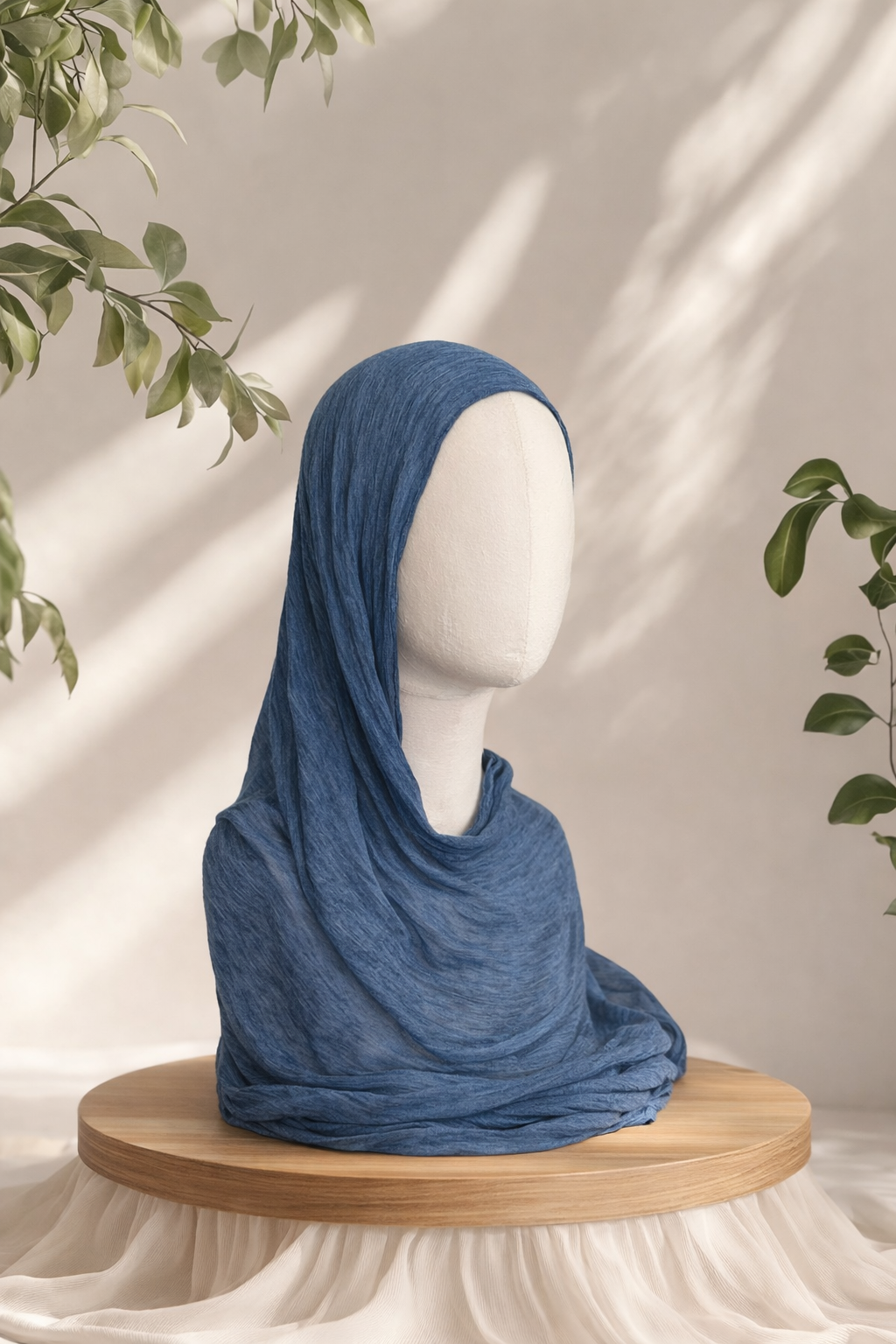 Ruffled Linen Hijab - Blue