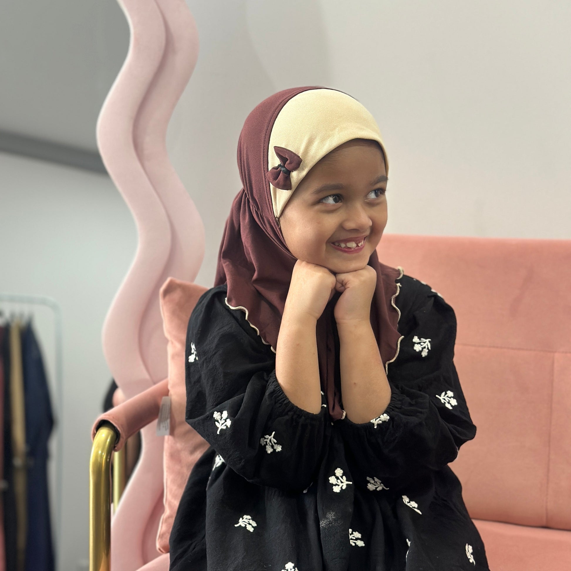 6-year-old model wearing Inaya Bow Hijab – soft and comfy kids hijab NZ