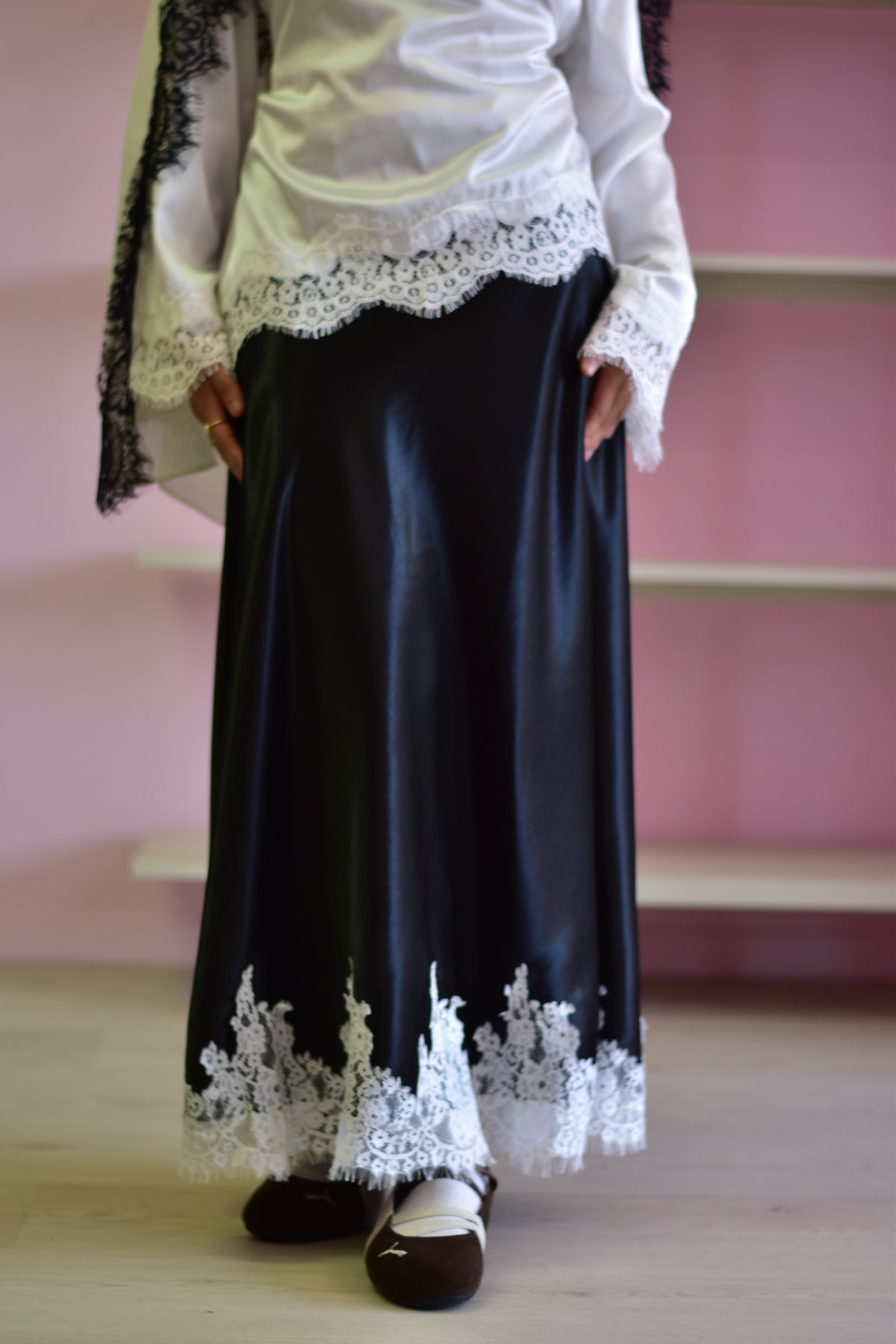 Satin Lace Skirt - Black
