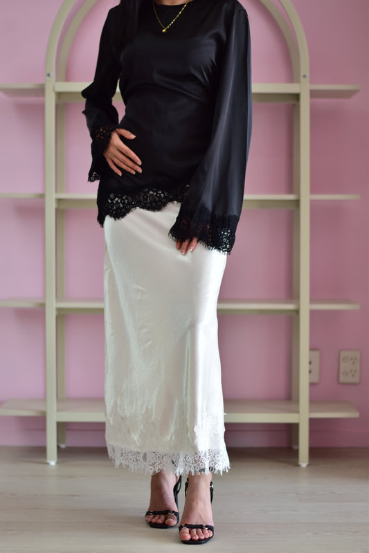 Satin Lace Skirt - White