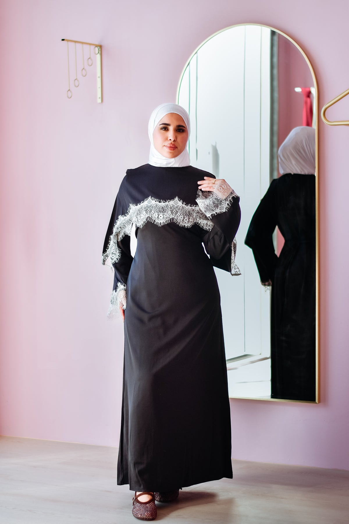 Black Lace Cape Satin Maxi Dress