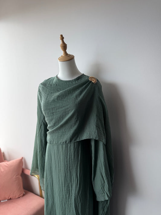 Sea green modest Aaira dress with crushed fabric overlay and detachable brooch by Hijabaan NZ