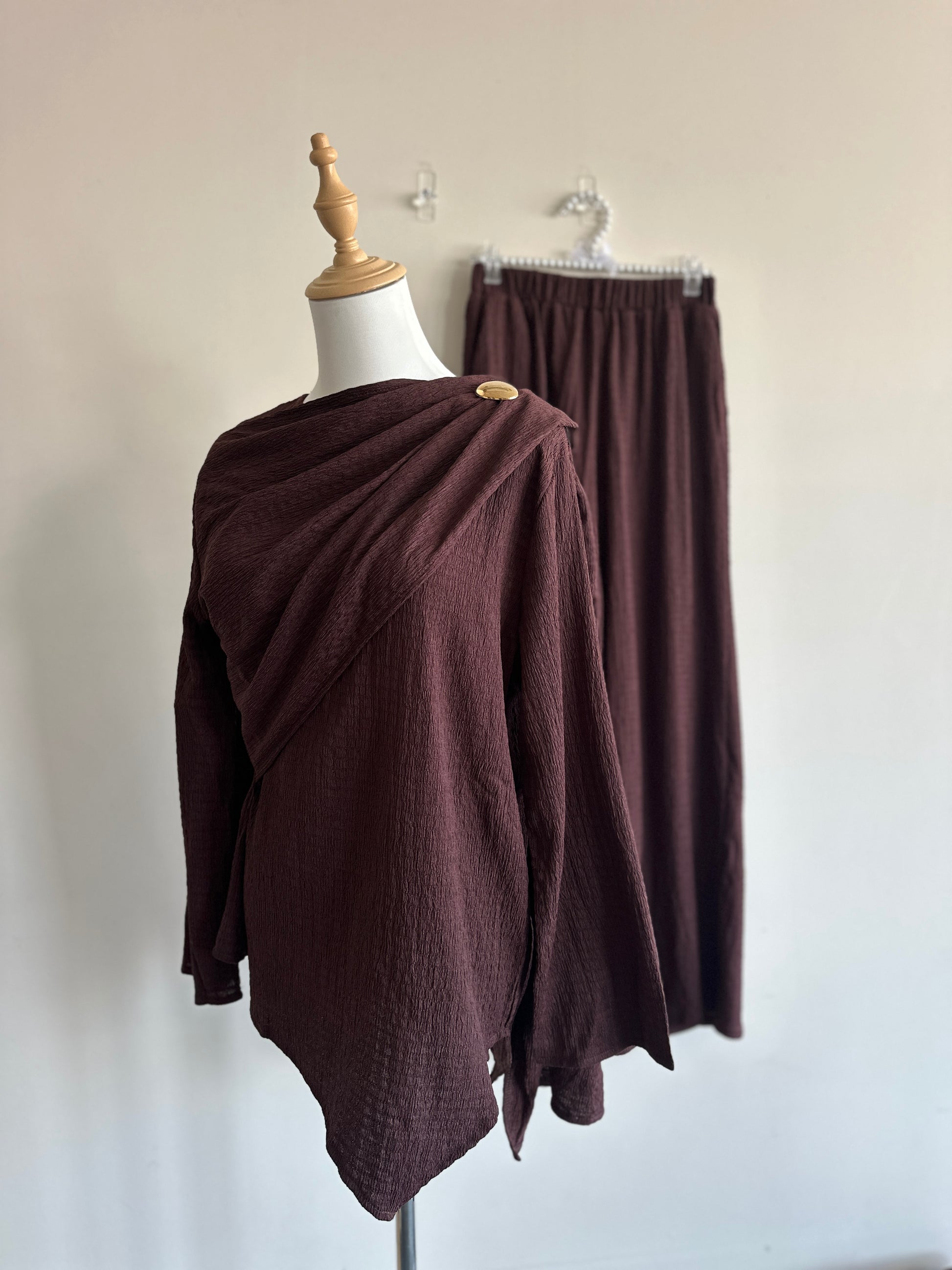 Alina Co-ord Set in chocolate brown with textured crepe top and matching pants