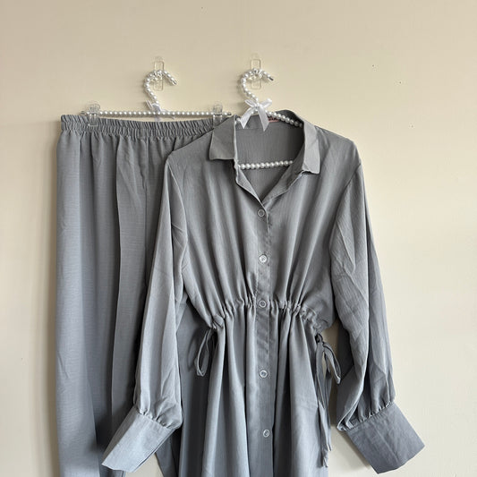 Aliya Co-ord Set – grey crush fabric free-size modest outfit from Hijabaan NZ